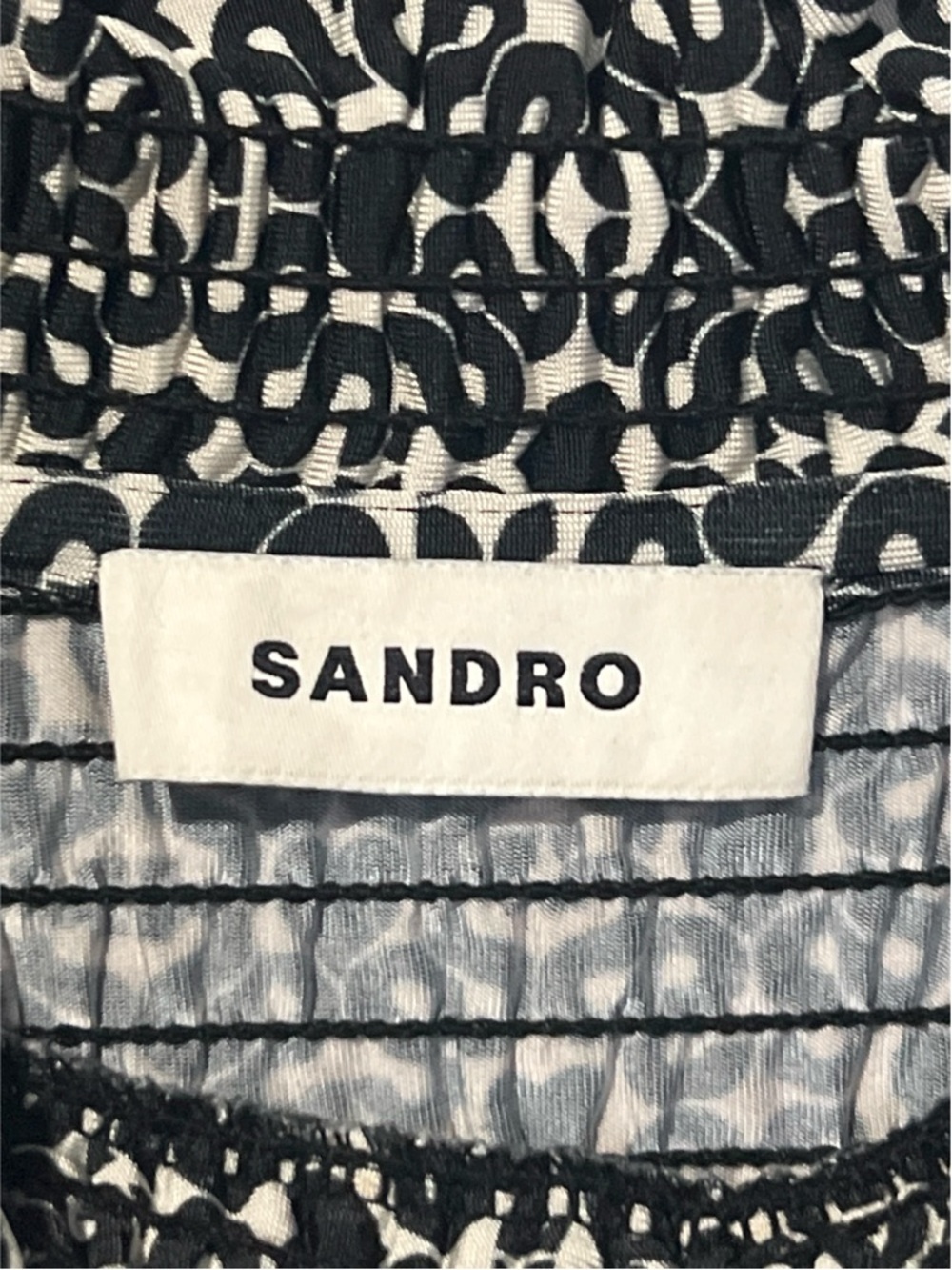 Sandro Blouse Women’s Size 0 Black Monogram Print Mockneck Smocked Top - Picture 11 of 16